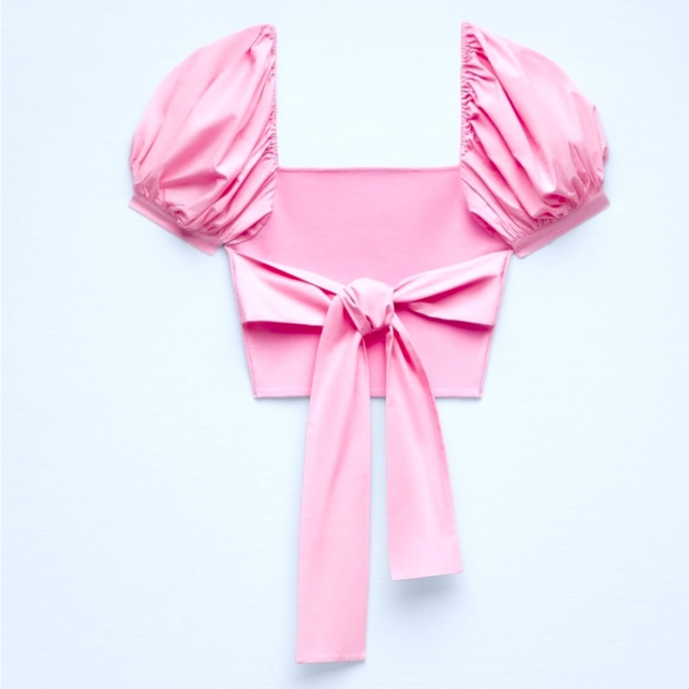 Zara pink puff sleeves tied back top